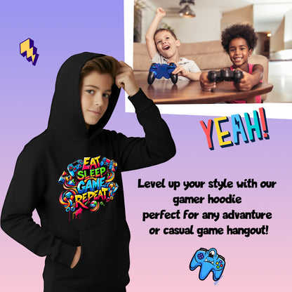 Fringoo Gamer Hoodie Grey for Boys Cotton Rich Soft Hooded Sweatshirt - Eat Game Black