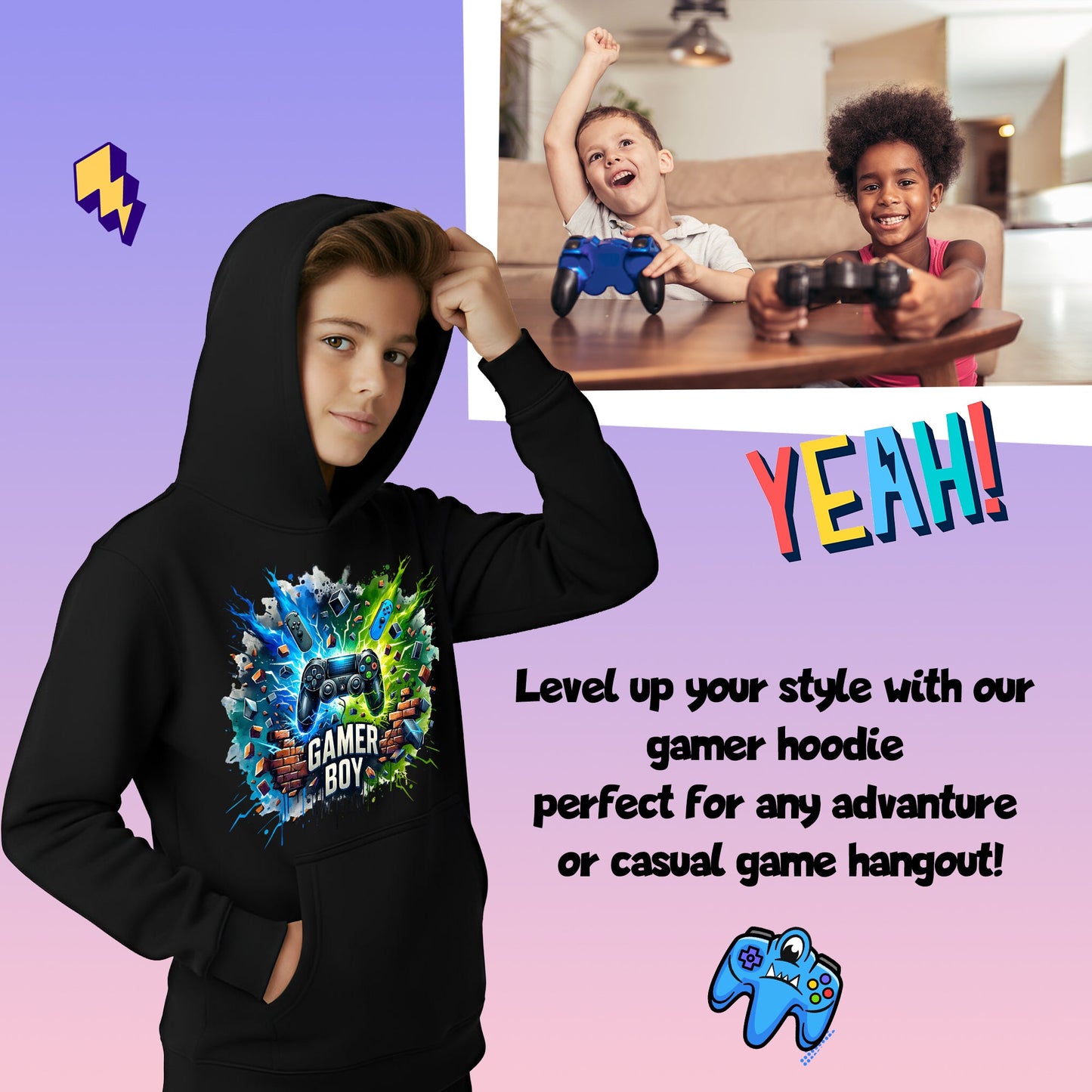 Fringoo Gamer Hoodie for Boys Cotton Rich Soft Hooded Sweatshirt - Gamer Boy Thunder Black