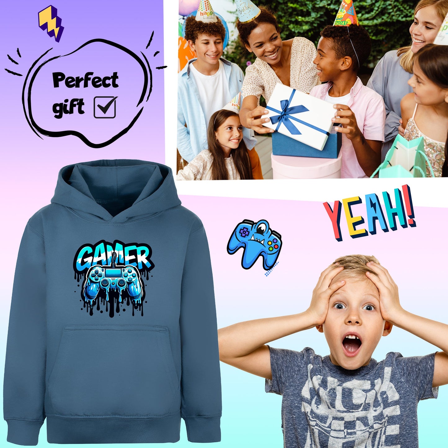 Fringoo Gamer Hoodie for Boys Cotton Rich Soft Hooded Sweatshirt - Dripping Gamer Blue