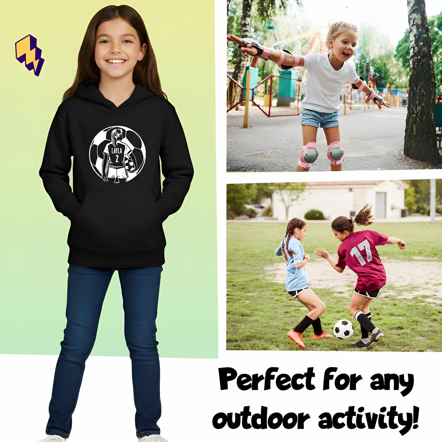 Fringoo Football Hoodie Black for Girls Cotton Rich Soft Hooded Sweatshirt - Football Ball Girls Black