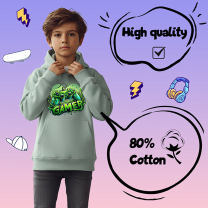 Fringoo Gamer Hoodie for Boys Cotton Rich Soft Hooded Sweatshirt - Gamer Green