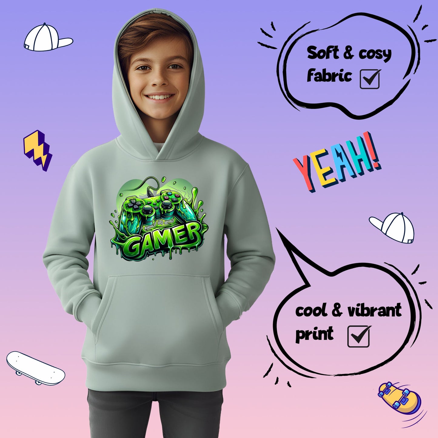 Fringoo Gamer Hoodie for Boys Cotton Rich Soft Hooded Sweatshirt - Gamer Green