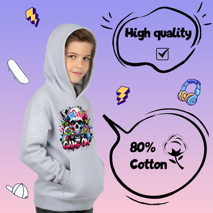 Fringoo Gamer Hoodie Grey for Boys Cotton Rich Soft Hooded Sweatshirt - Game on Skull Grey