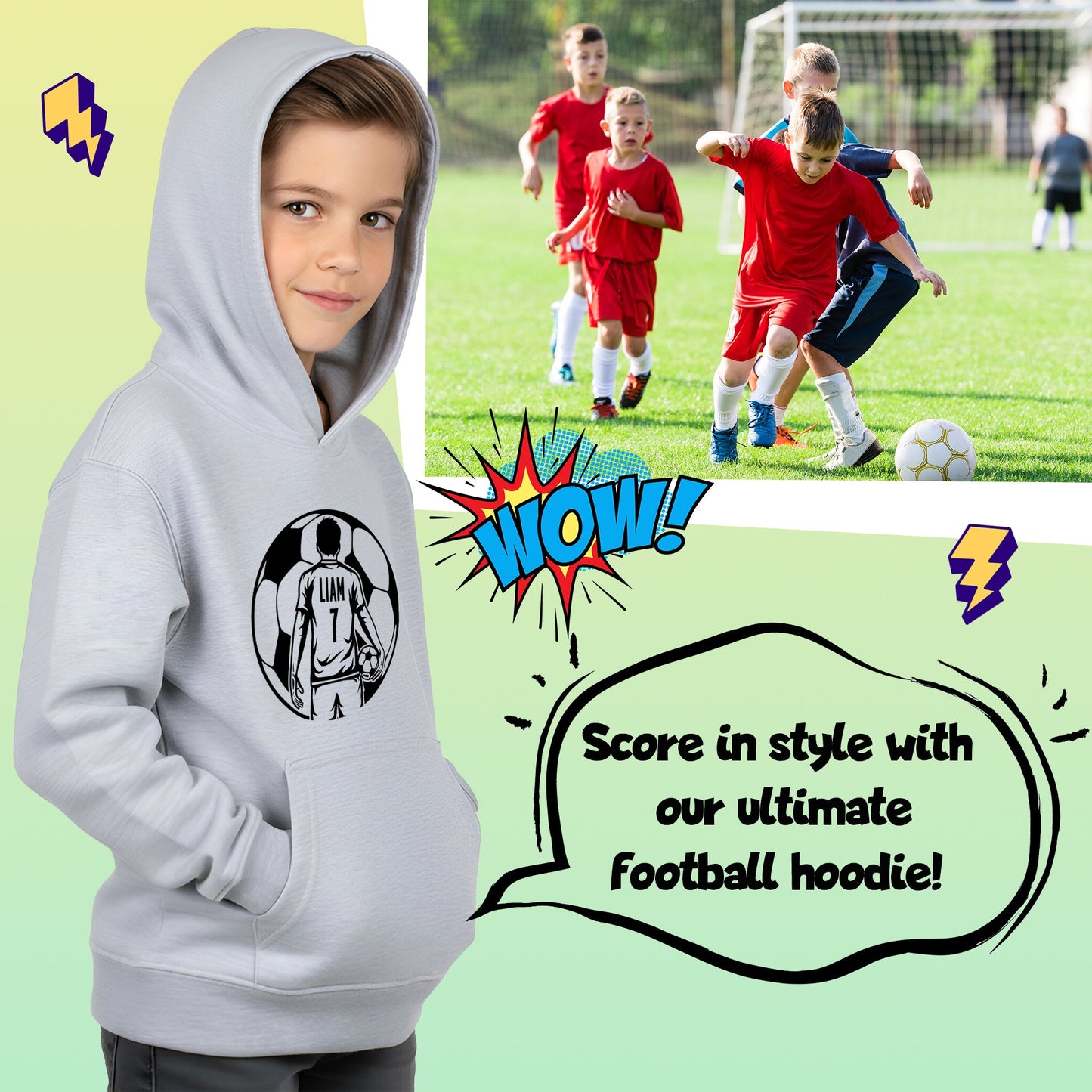 Fringoo Football Hoodie Grey for Boys Cotton Rich Soft Hooded Sweatshirt - Football Ball Boys Grey