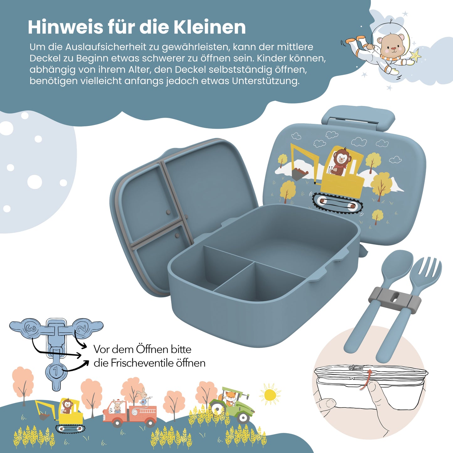 Kids Lunch Box with Compartments, Lightweight & Leak-Proof - Excavator