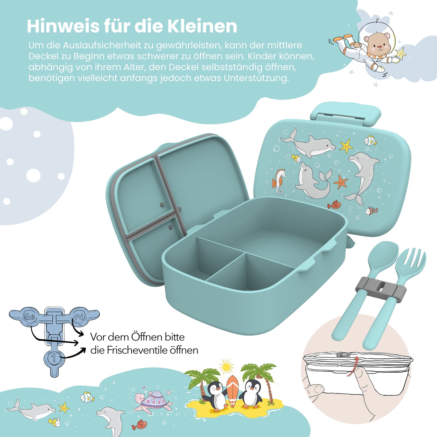 Kids' Lunch Box with Compartments, Lightweight & Leakproof - Dolphin