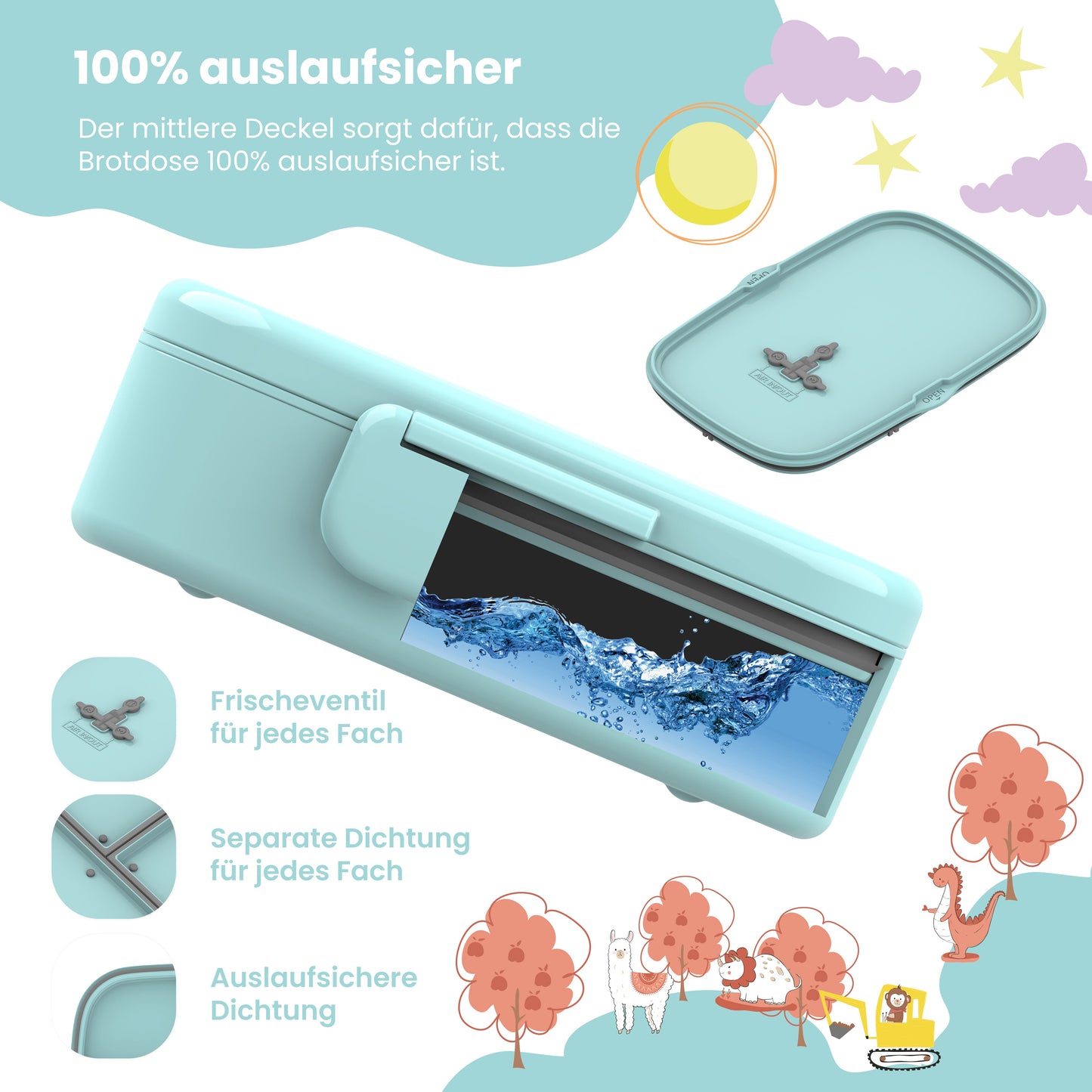 Children's Lunchbox with Compartments, Lightweight & Leakproof - Turtle