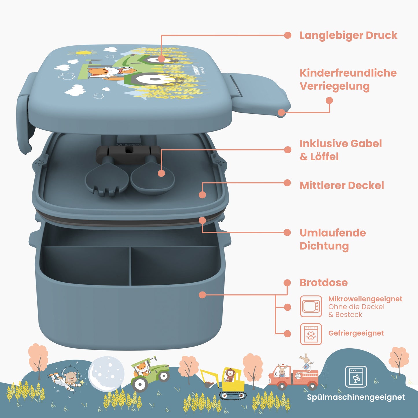 Kids' Lunch Box with Compartments, Lightweight & Leak-Proof - Tractor