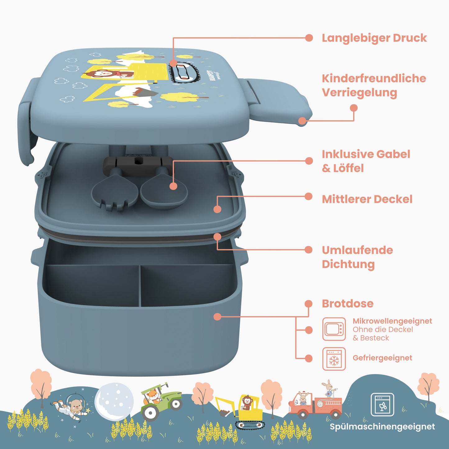 Kids Lunch Box with Compartments, Lightweight & Leak-Proof - Excavator