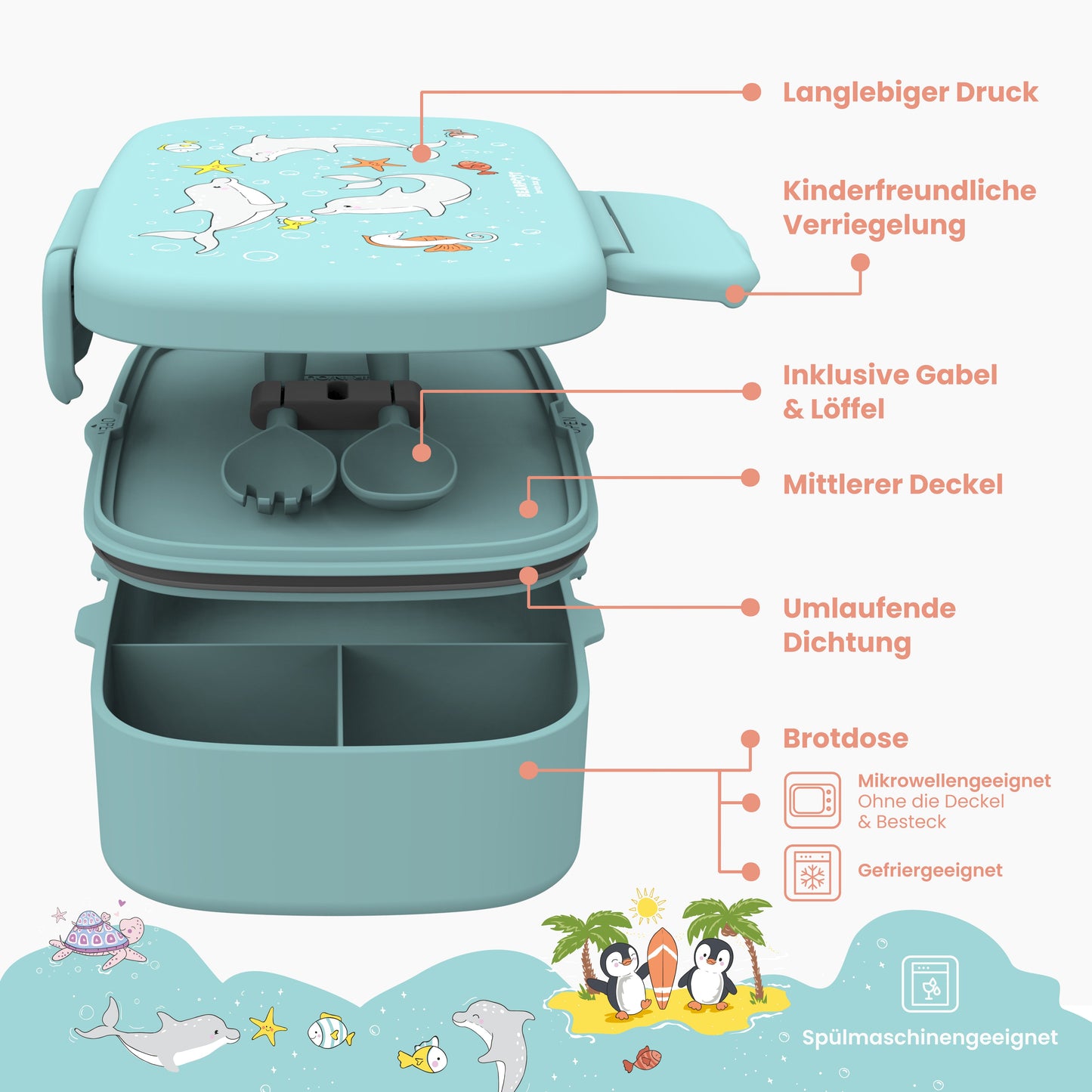 Kids' Lunch Box with Compartments, Lightweight & Leakproof - Dolphin