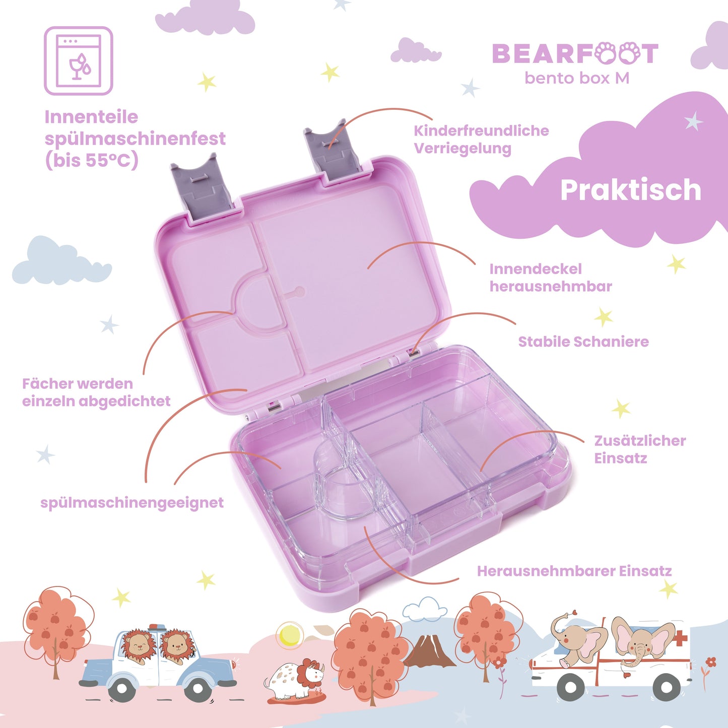 Kids lunch box with compartments, lunchbox - Dog&Cat purple
