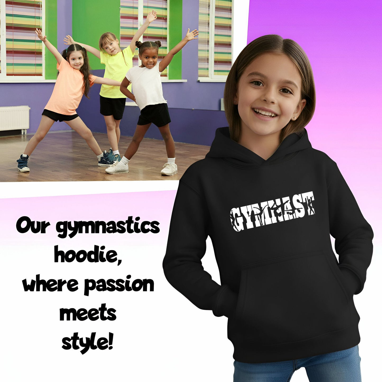 Fringoo Gymnastic Sweat à capuche for enfant Cotton Rich Soft Hooded Sweatshirt- Gymnast noir