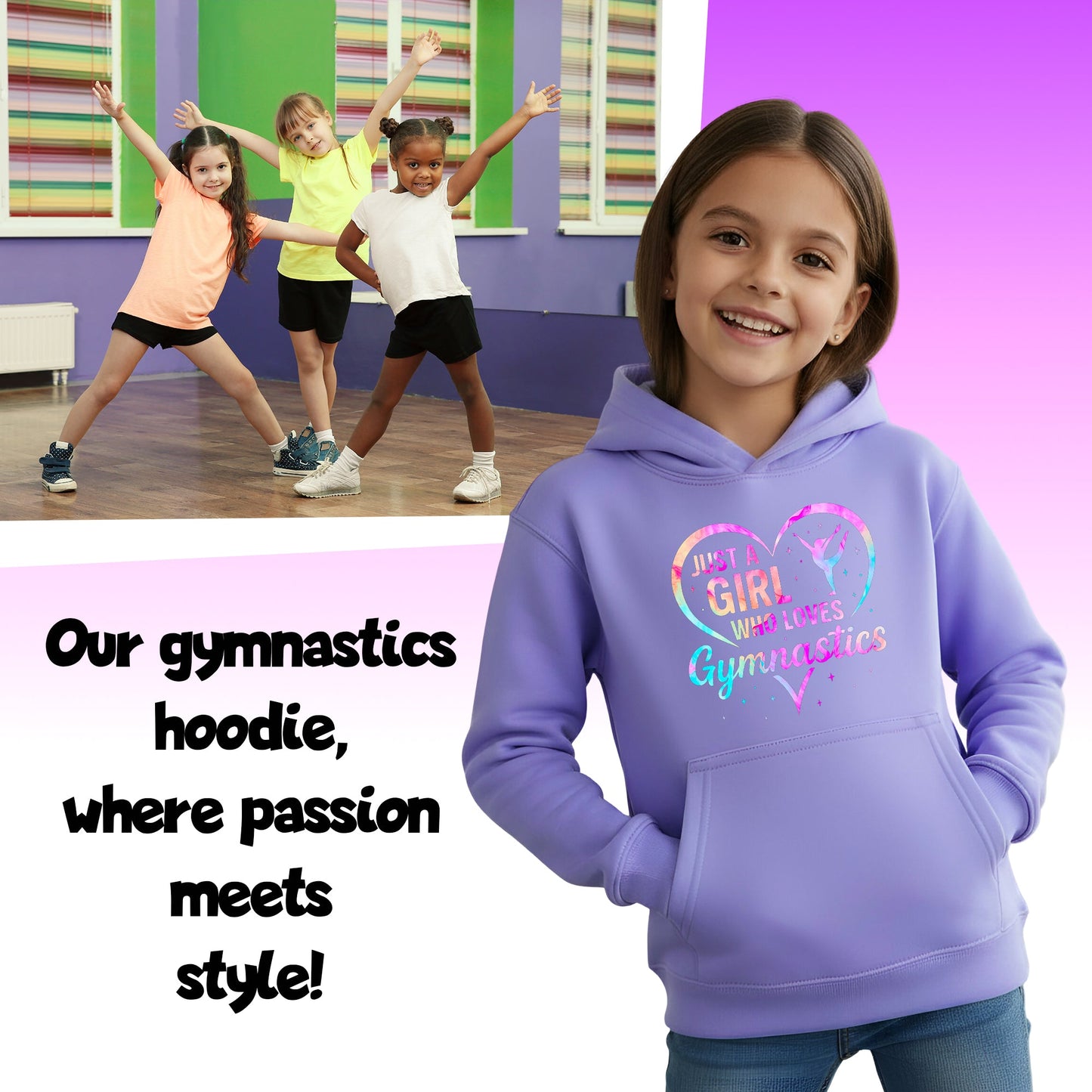 Fringoo Gymnastic Hoodie for Kids Cotton Rich Soft Hooded Sweatshirt - Love Gymnastics Purple