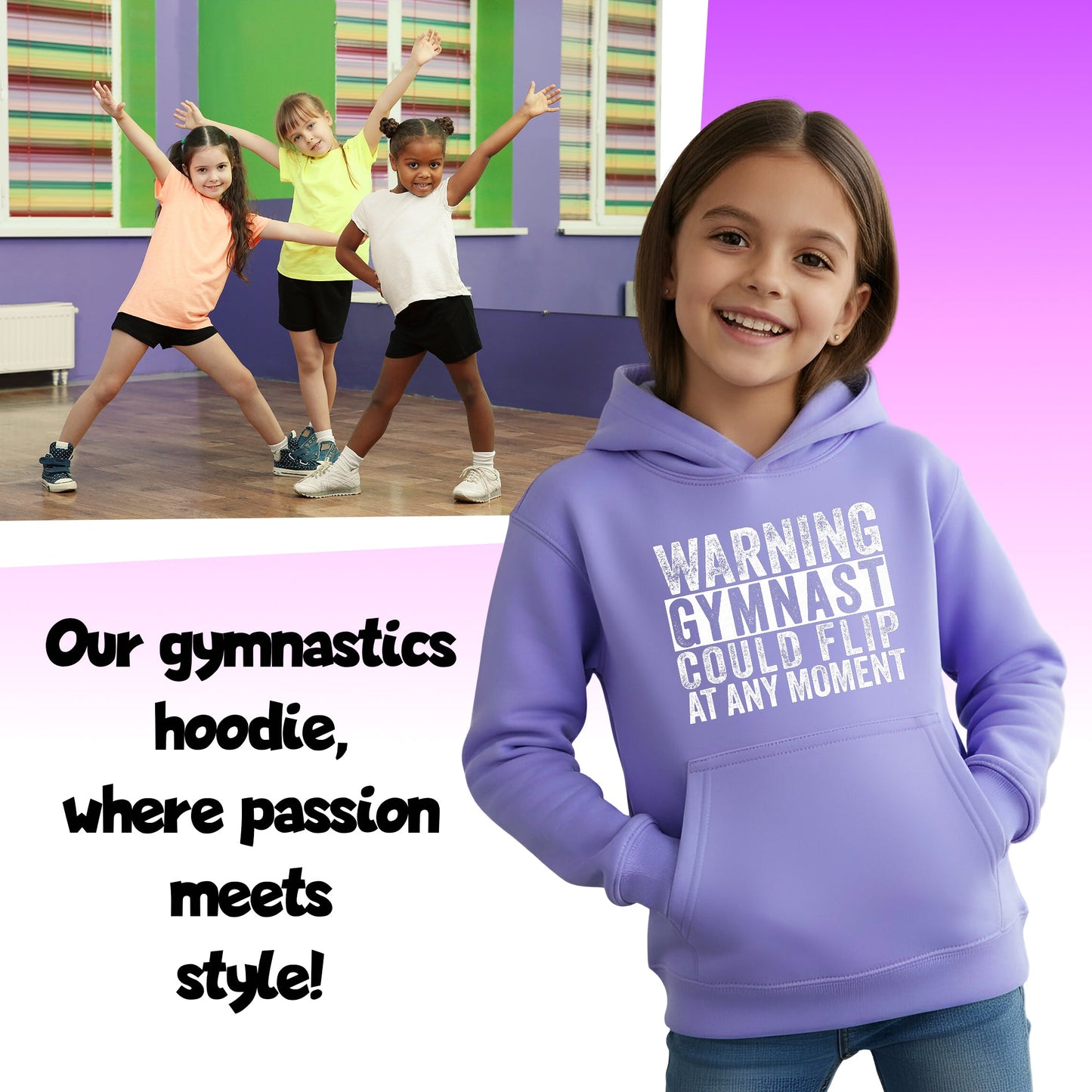 Fringoo Gymnastic Hoodie for Kids Cotton Rich Soft Hooded Sweatshirt - Gymnast Warning Purple