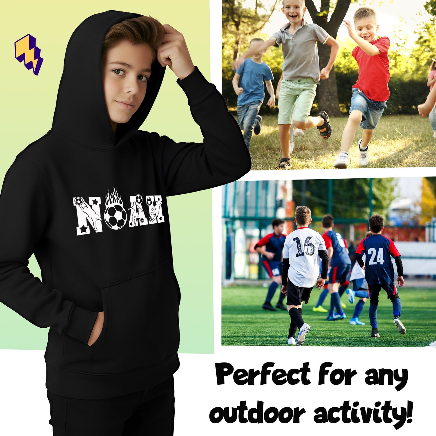 Fringoo Football Hoodie Black for Boys Cotton Rich Soft Hooded Sweatshirt - Football Alphabet Black