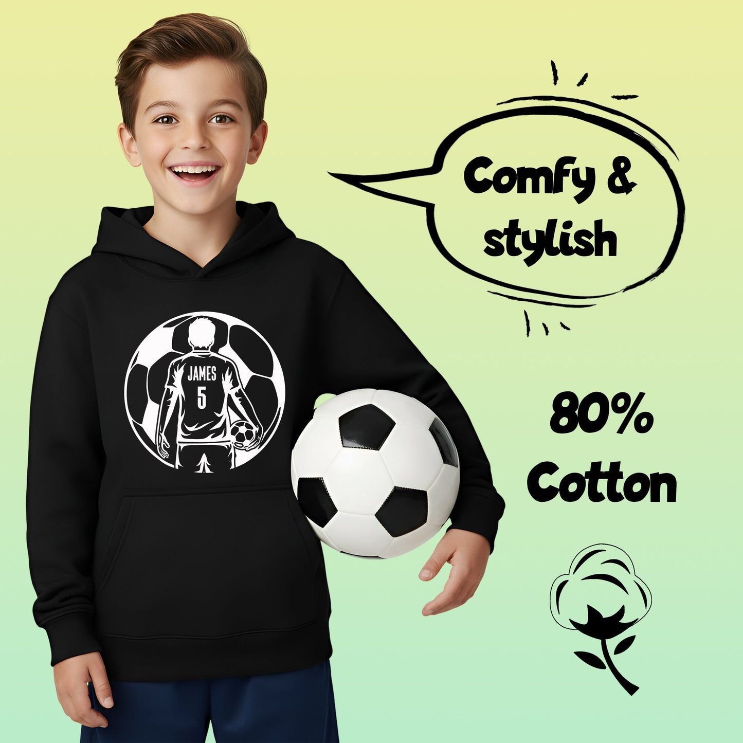 Fringoo Football Hoodie Black for Boys Cotton Rich Soft Hooded Sweatshirt - Football Ball Black