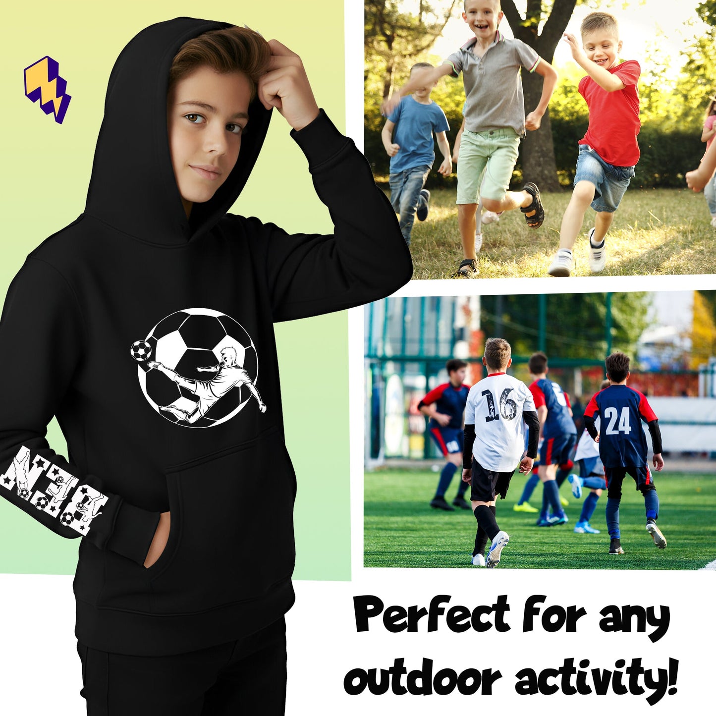 Fringoo Football Hoodie Black for Boys Cotton Rich Soft Hooded Sweatshirt - Black Football Sleeve