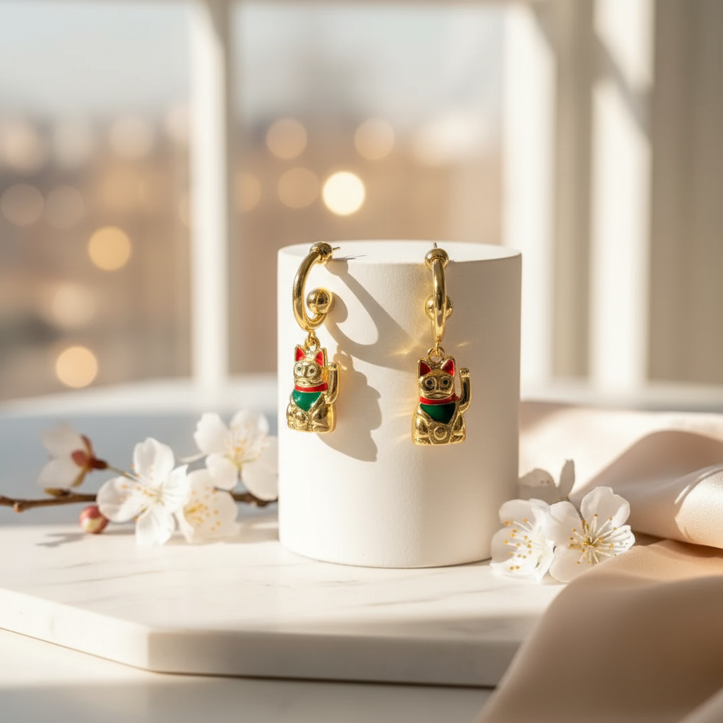 Golden Lucky Cat Earrings