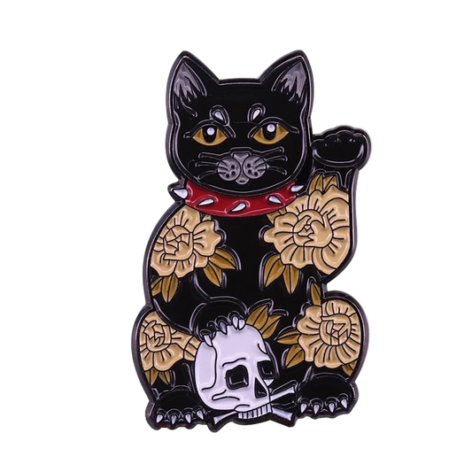 Black Lucky Cat Skull Pin