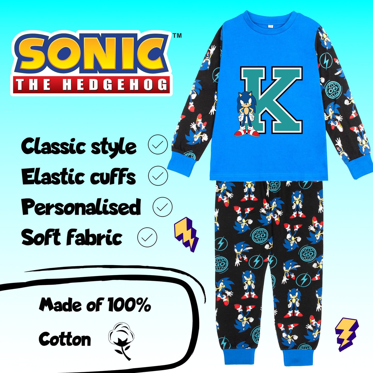Sonic The Hedgehog Personalized Pyjama for boys Long Sleeve 100% Cotton