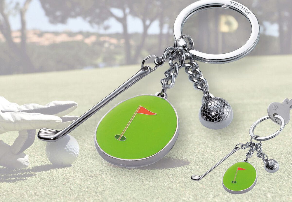 Portachiavi TROIKA HOLE IN ONE – una mazza, una pallina e un green da golf con bandierina