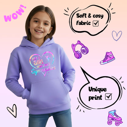 Fringoo Gymnastic Hoodie for Kids Cotton Rich Soft Hooded Sweatshirt - Love Gymnastics Purple