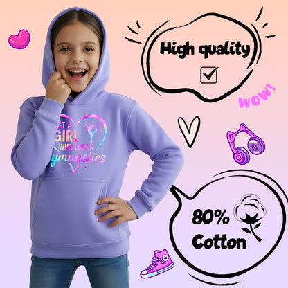 Fringoo Gymnastic Hoodie for Kids Cotton Rich Soft Hooded Sweatshirt - Love Gymnastics Purple