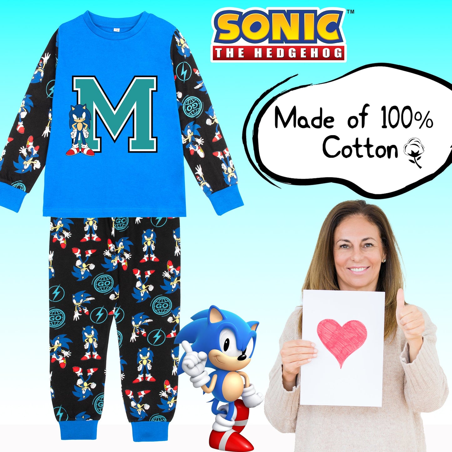 Sonic The Hedgehog Personalized Pyjama for boys Long Sleeve 100% Cotton