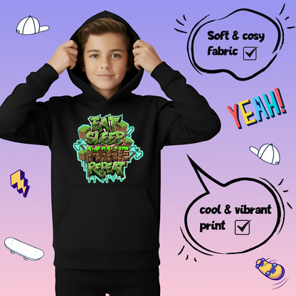 Fringoo Gamer Hoodie Grey for Boys Cotton Rich Soft Hooded Sweatshirt - Eat Minecraft Black