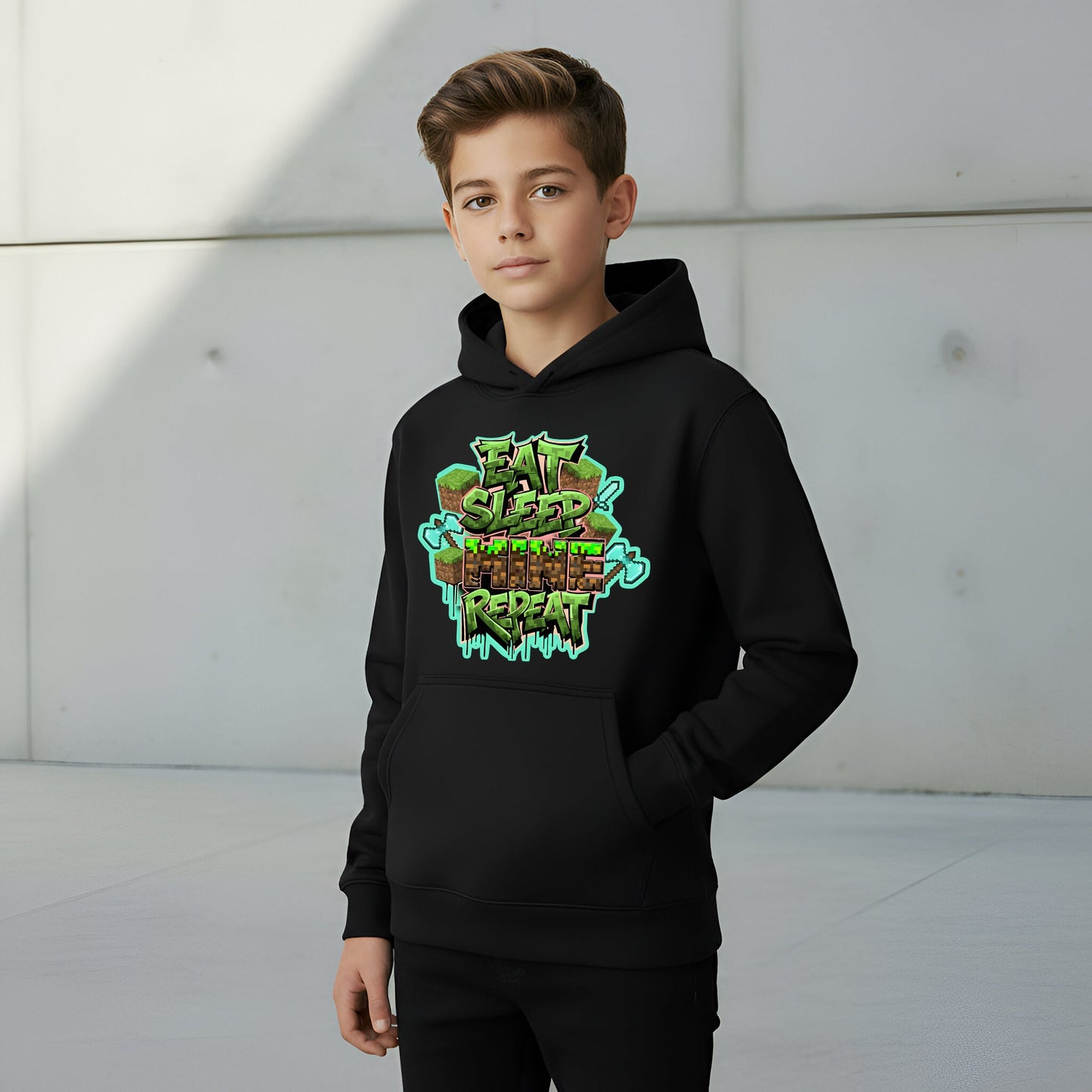 Fringoo Gamer Hoodie Grey for Boys Cotton Rich Soft Hooded Sweatshirt - Eat Minecraft Black