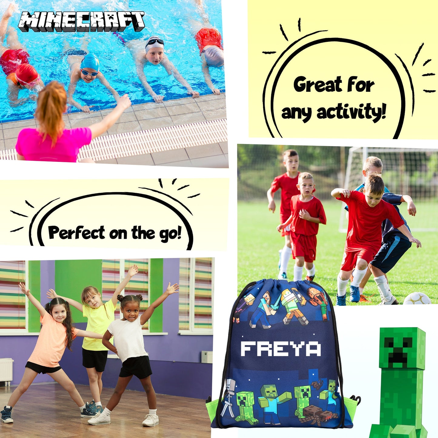 Official Minecraft Minecraft Blue Personalized Drawstring Bag | Kids PE Bag | Fringoo