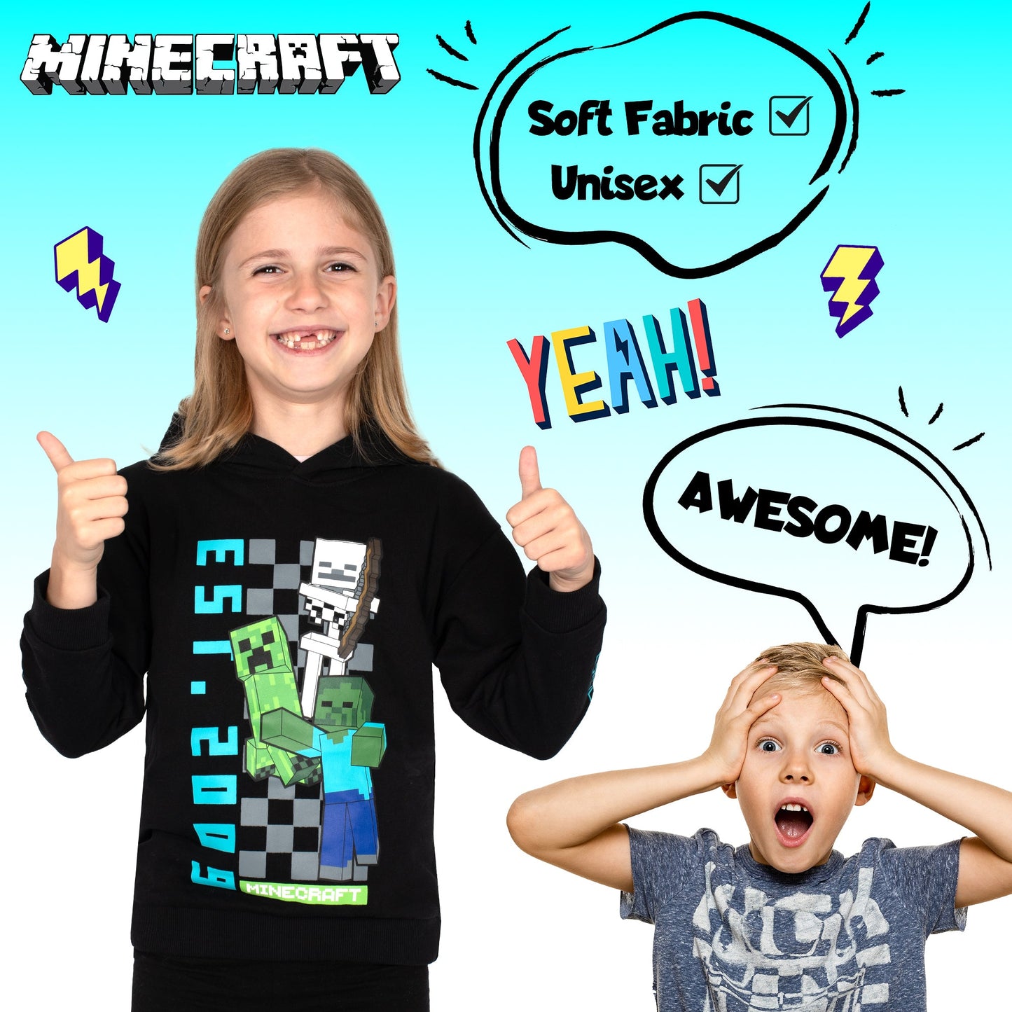 Minecraft Boys' Hoodie with Kangaroo Pocket 100% Cotton