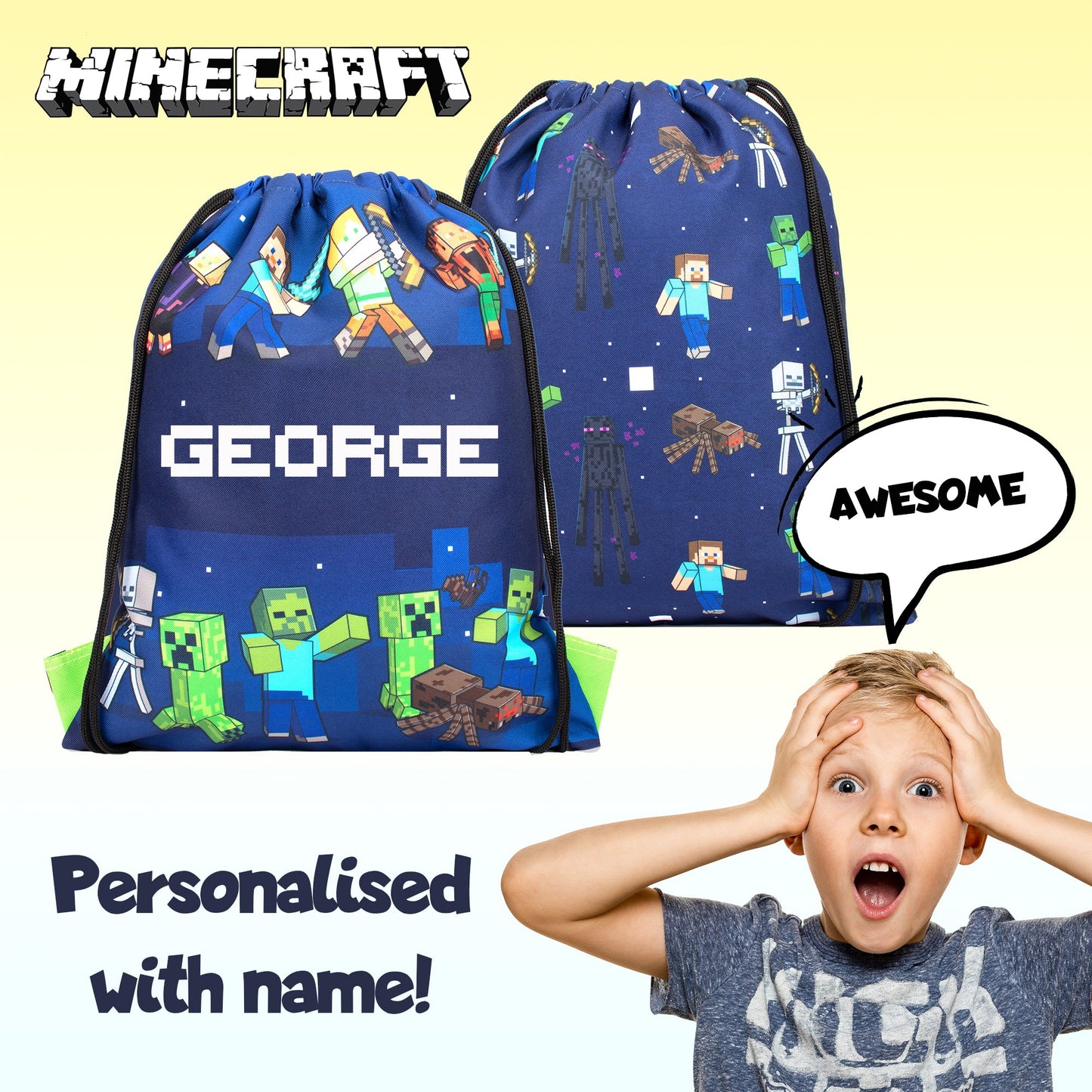 Official Minecraft Minecraft Blue Personalized Drawstring Bag | Kids PE Bag | Fringoo