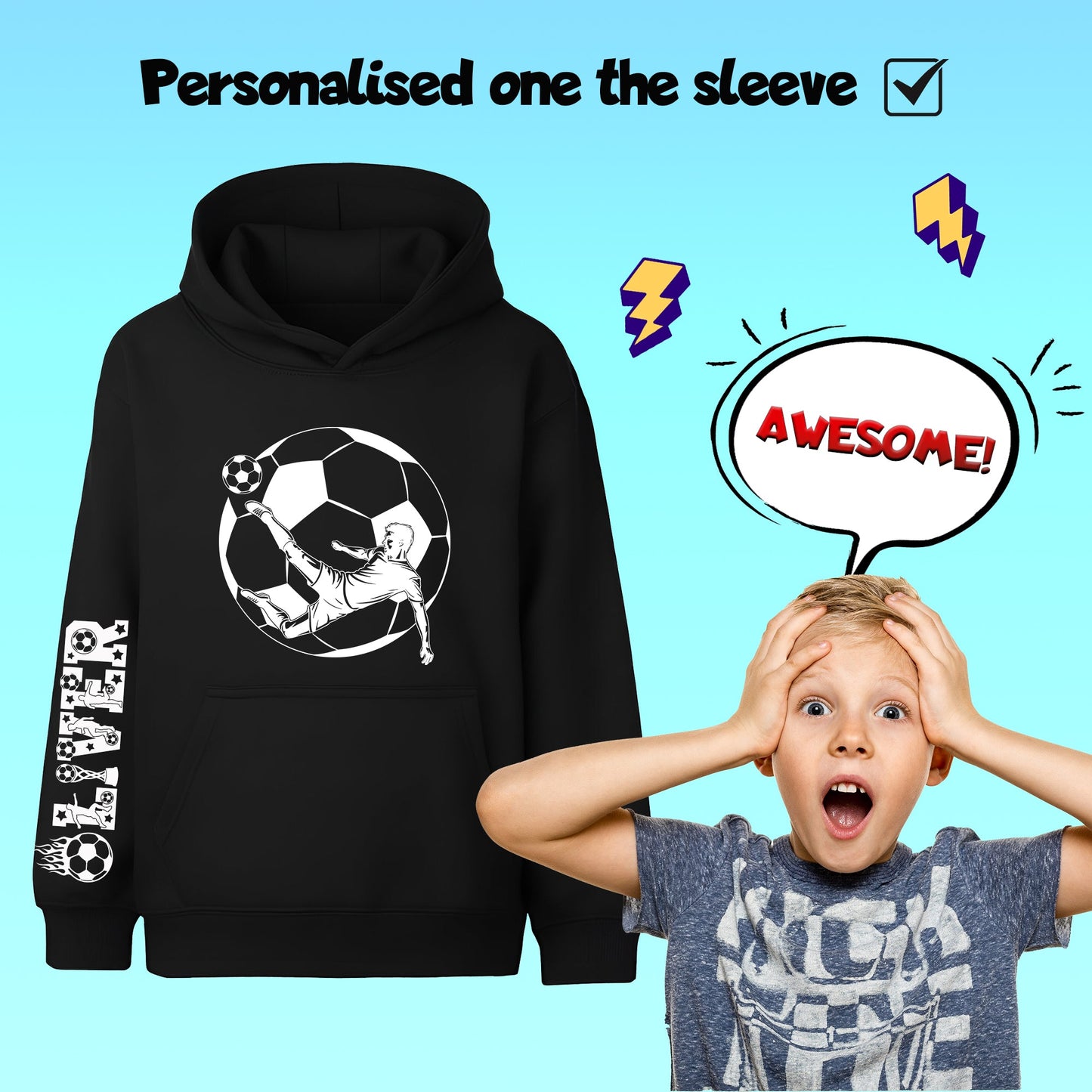 Fringoo Football Hoodie Black for Boys Cotton Rich Soft Hooded Sweatshirt - Black Football Sleeve