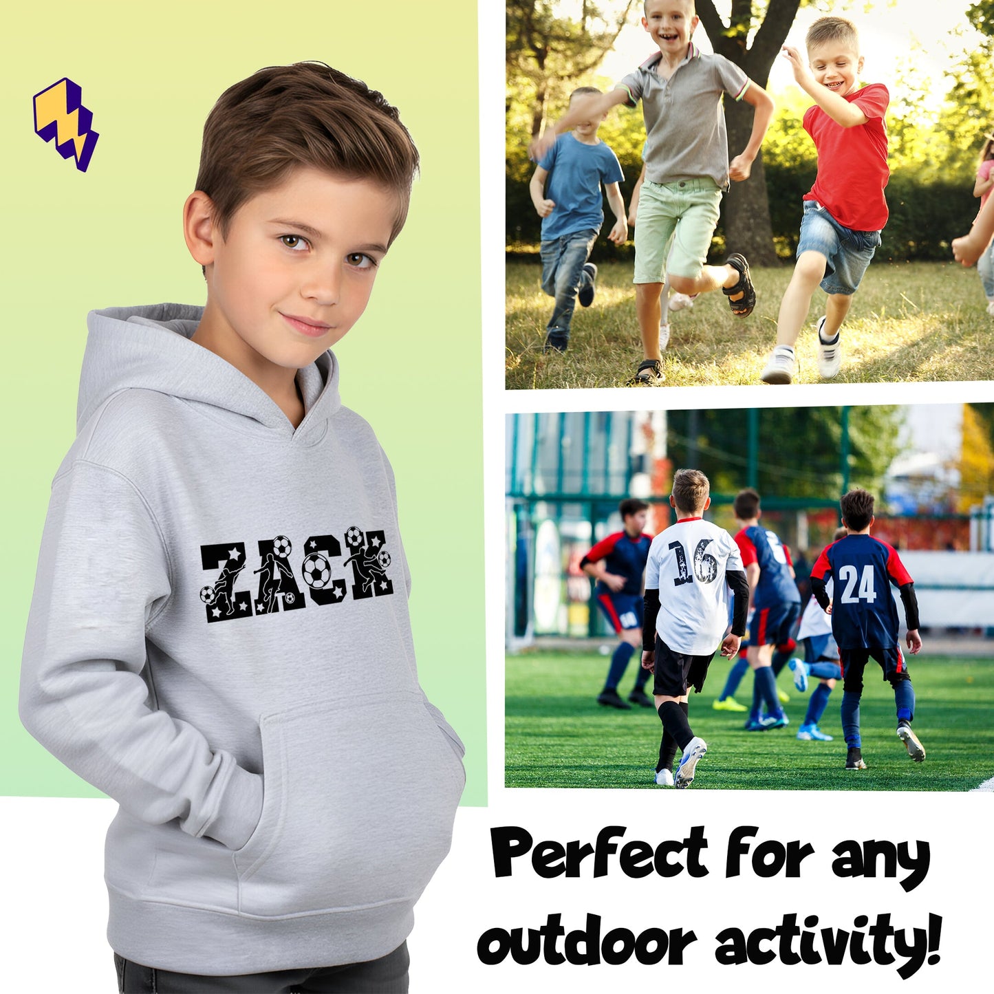 Fringoo Football Hoodie Grey for Boys Cotton Rich Soft Hooded Sweatshirt - Football Alphabet Grey