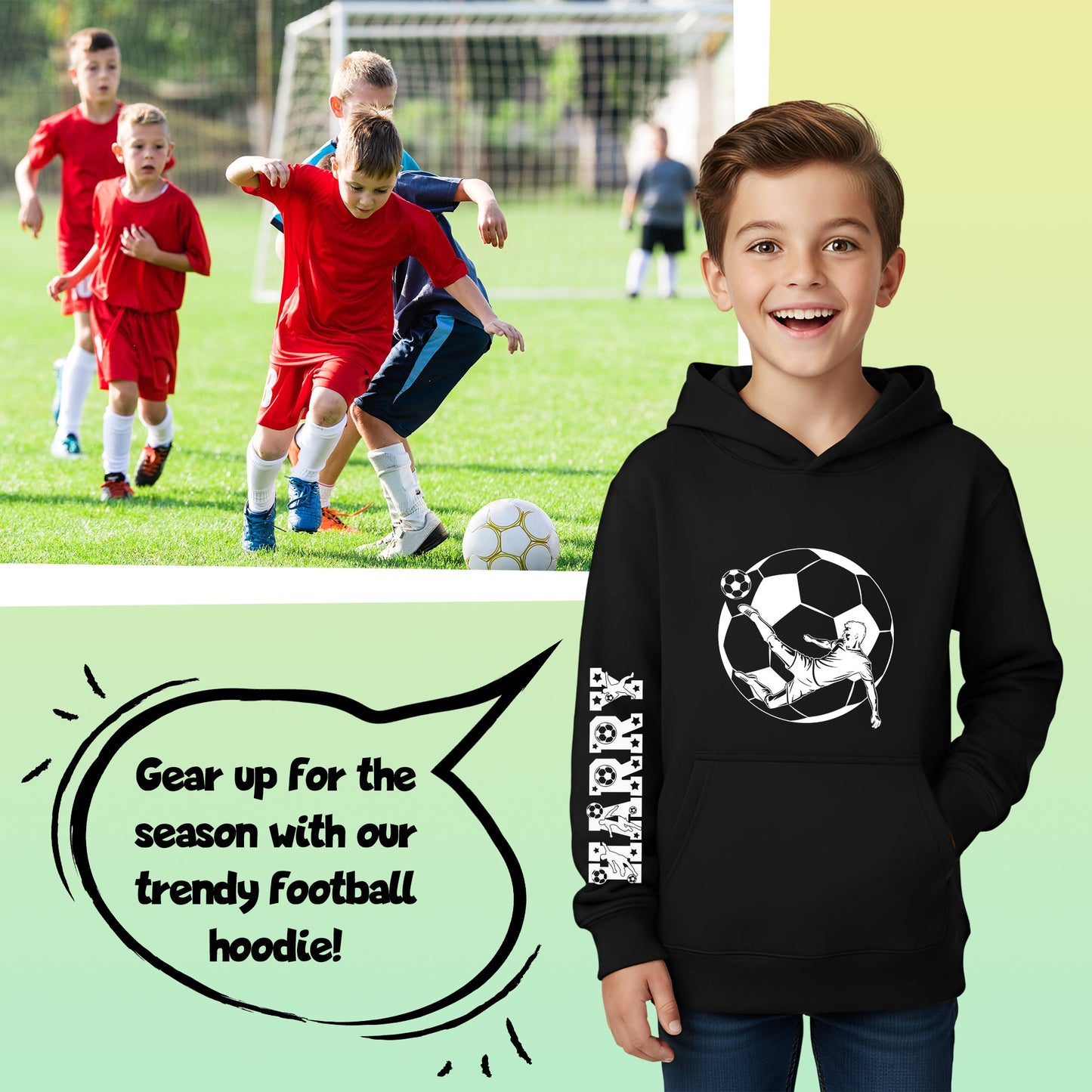 Fringoo Football Hoodie Black for Boys Cotton Rich Soft Hooded Sweatshirt - Black Football Sleeve