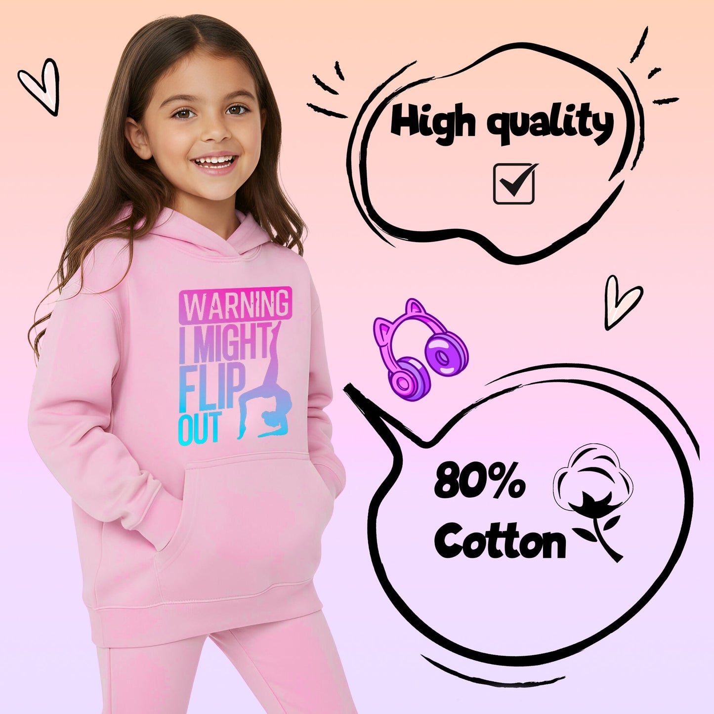 Fringoo Gymnastic Hoodie for Kids Cotton Rich Soft Hooded Sweatshirt - Gymnastics Flip Out - Pink