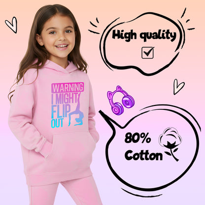 Fringoo Gymnastic Hoodie for Kids Cotton Rich Soft Hooded Sweatshirt - Gymnastics Flip Out - Pink