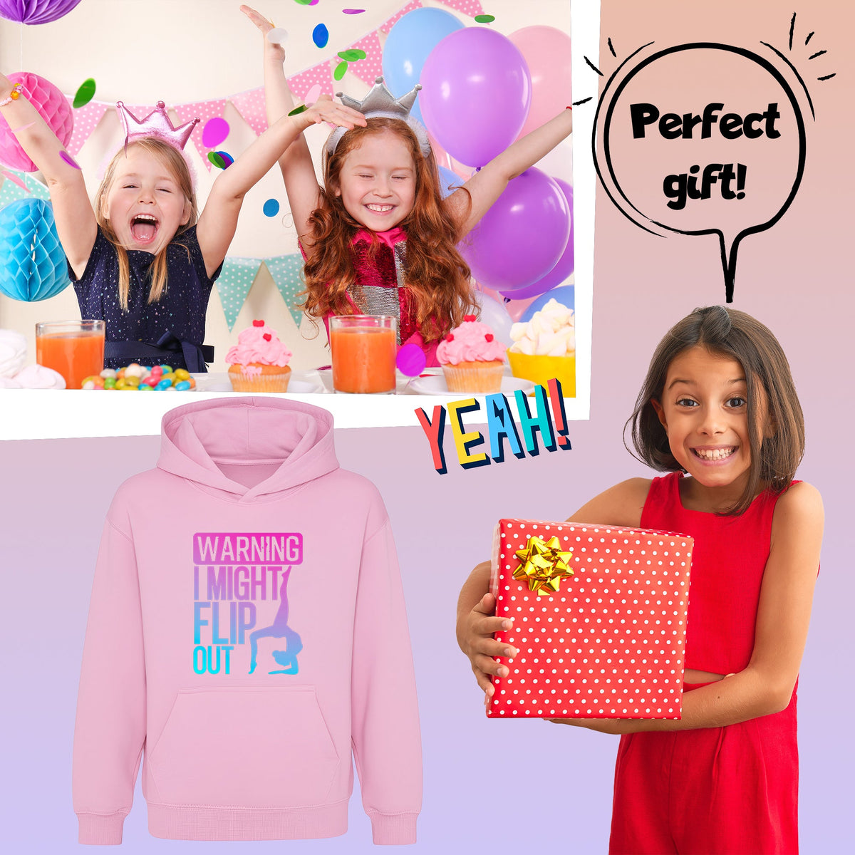 Fringoo Gymnastic Hoodie for Kids Cotton Rich Soft Hooded Sweatshirt - Gymnastics Flip Out - Pink