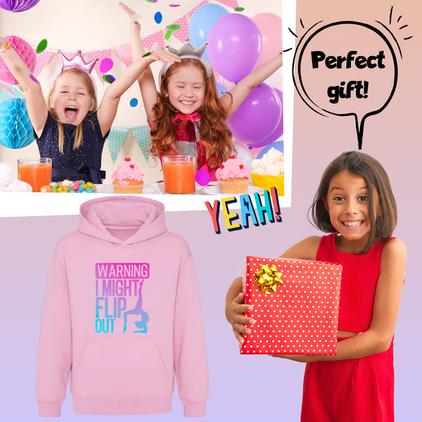 Fringoo Gymnastic Hoodie for Kids Cotton Rich Soft Hooded Sweatshirt - Gymnastics Flip Out - Pink