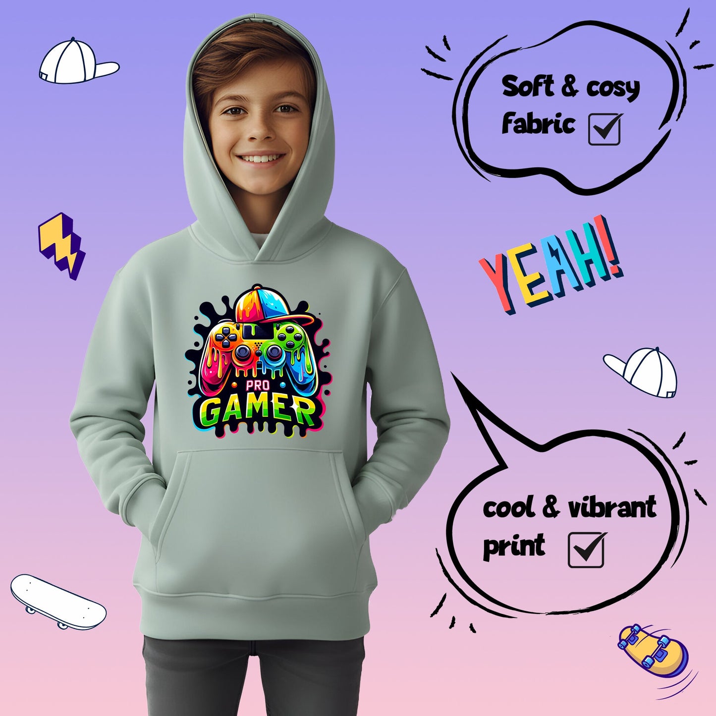 Fringoo Gamer Hoodie for Boys Cotton Rich Soft Hooded Sweatshirt - Pro Gamer Green