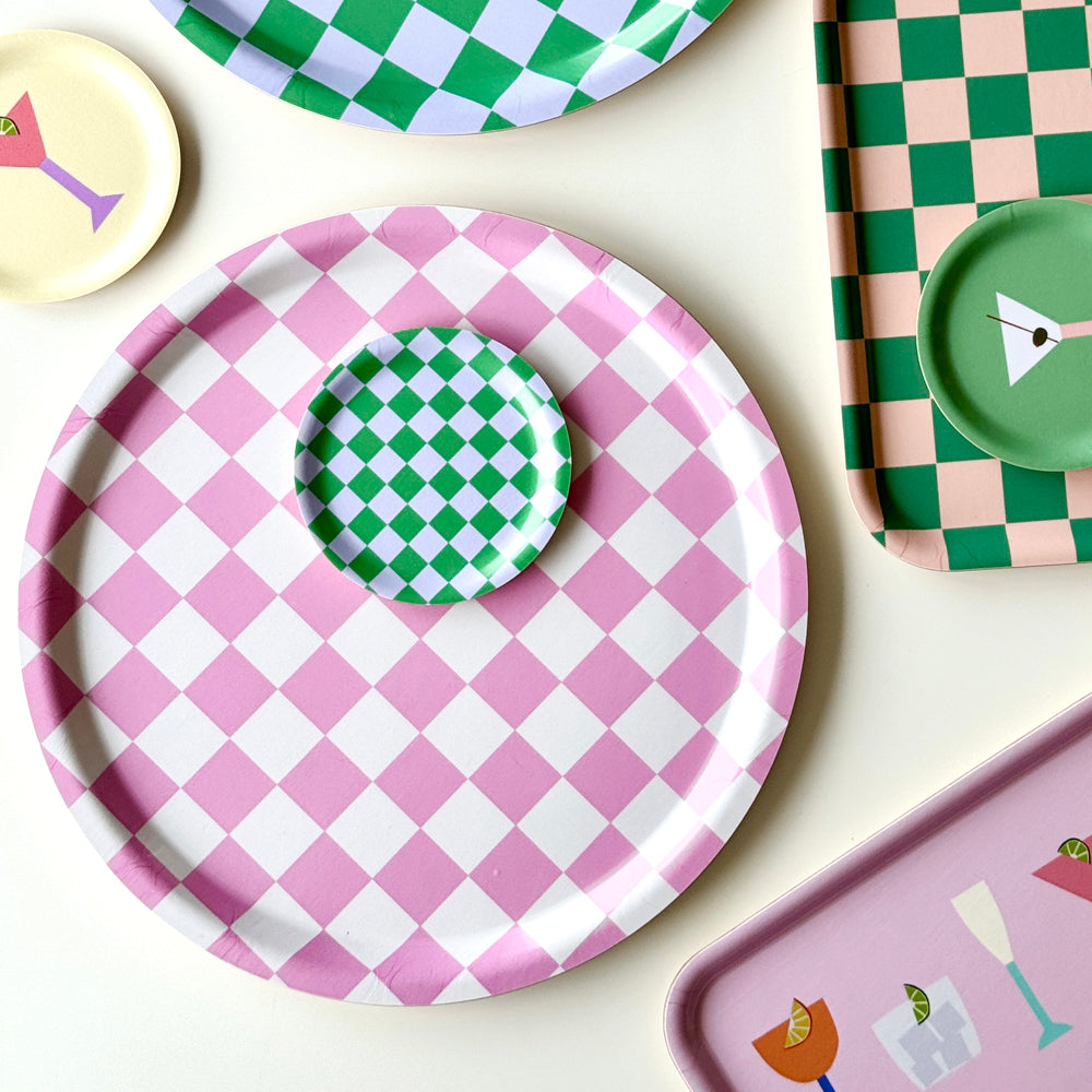 Rasberry / Cream CHECKER Round Serving Tray - 31 cm