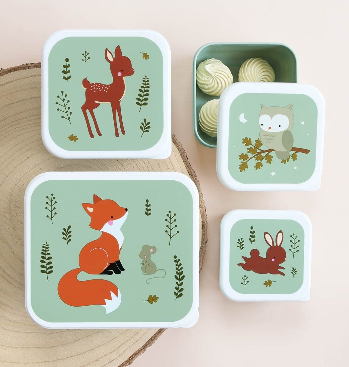 Lot de 4 boîtes repas et goûter - Amis de la forêt - sauge