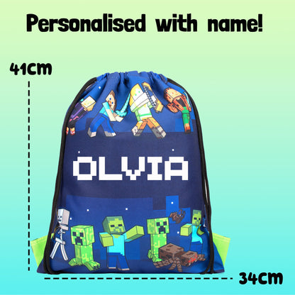 Official Minecraft Minecraft Blue Personalized Drawstring Bag | Kids PE Bag | Fringoo
