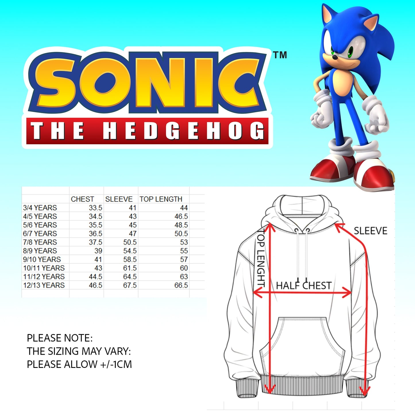 SONIC THE HEDGEHOG Boys' Hoodie - 100% Cotton Hooded Sweatshirt