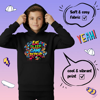 Fringoo Gamer Hoodie Grey for Boys Cotton Rich Soft Hooded Sweatshirt - Eat Game Black