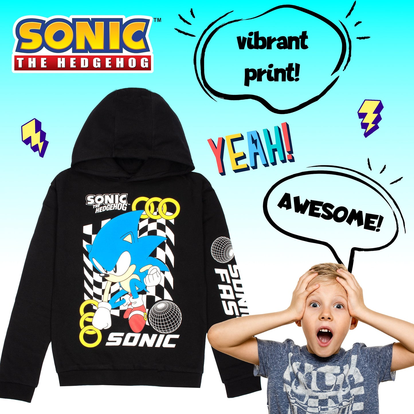 SONIC THE HEDGEHOG Boys' Hoodie - 100% Cotton Hooded Sweatshirt