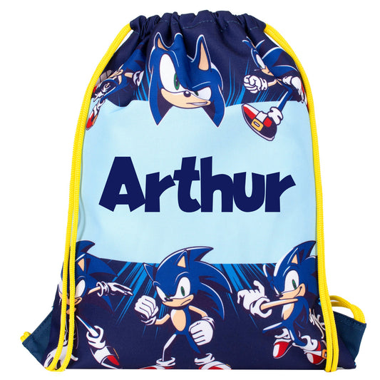 Official Sonic the Hedgehog PE drawstring bag, personalized with your child's full name.